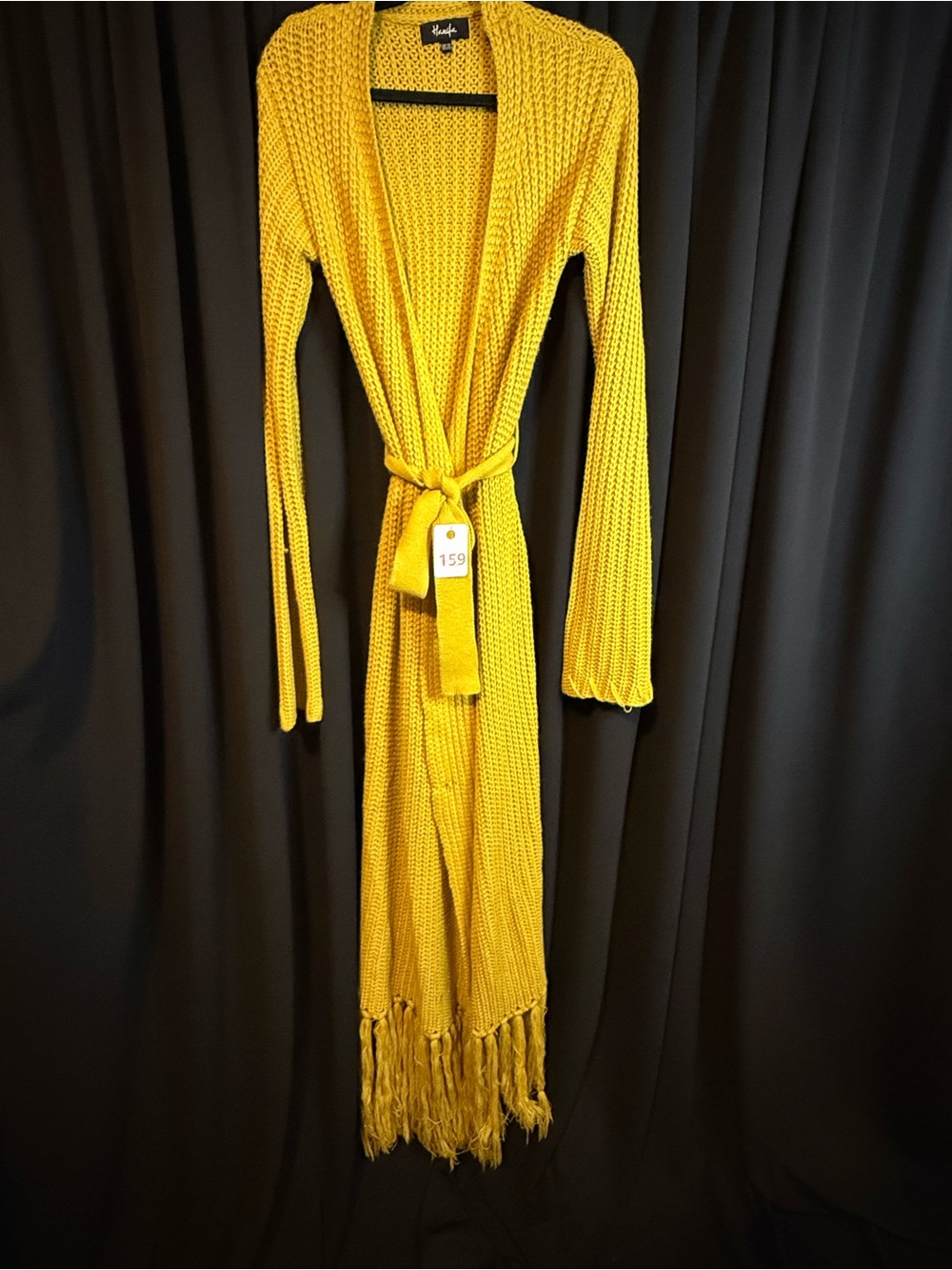 Long Open-Front Mustard Knit Cardigan with Fringe and Waist Tie